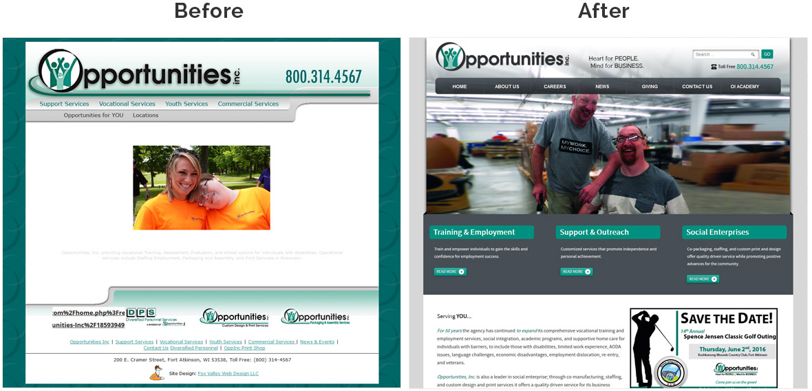 Before & After Screenshot of Opportunities, Inc.'s Home Page
