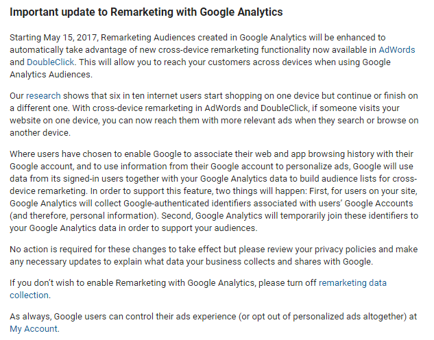 Google Analytics Remarketing update 2017