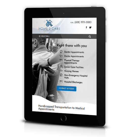 Tablet View of Home2Care Transportation Home Page