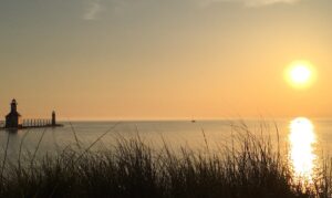 Southwest Michigan landscape with water and sun