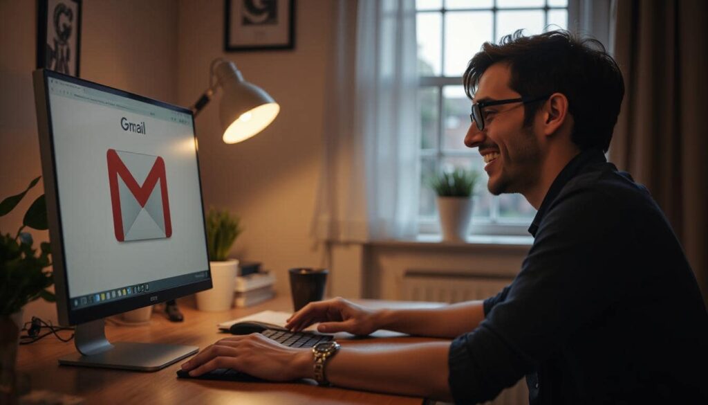 A happy man using Gmail on his computer at home.