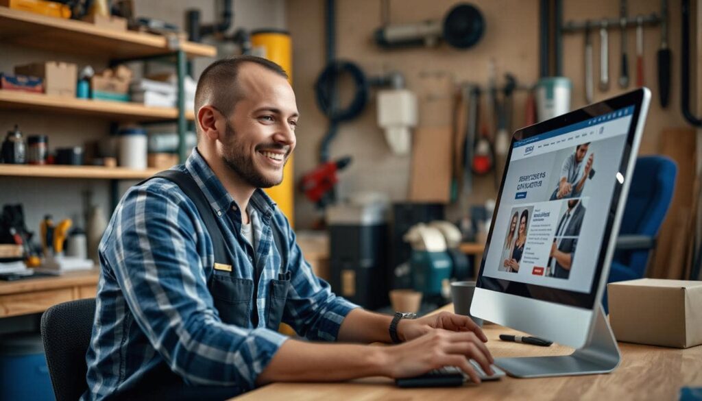 A man in a shop looking at a computer with his new website.