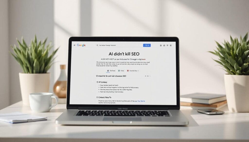 Clean, modern hero image showing that ‘AI didn’t kill SEO’ for local businesses. A laptop browser mockup displays a page with bold Q&A headings and a short 40–60 word answer block.