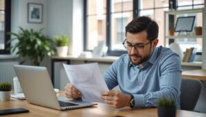 Business owner looking a reports by his computer.