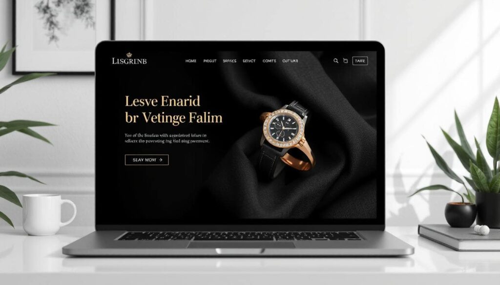 A sleek, luxury website mockup with a black and gold palette, large product photo, elegant typography, and plenty of white space.