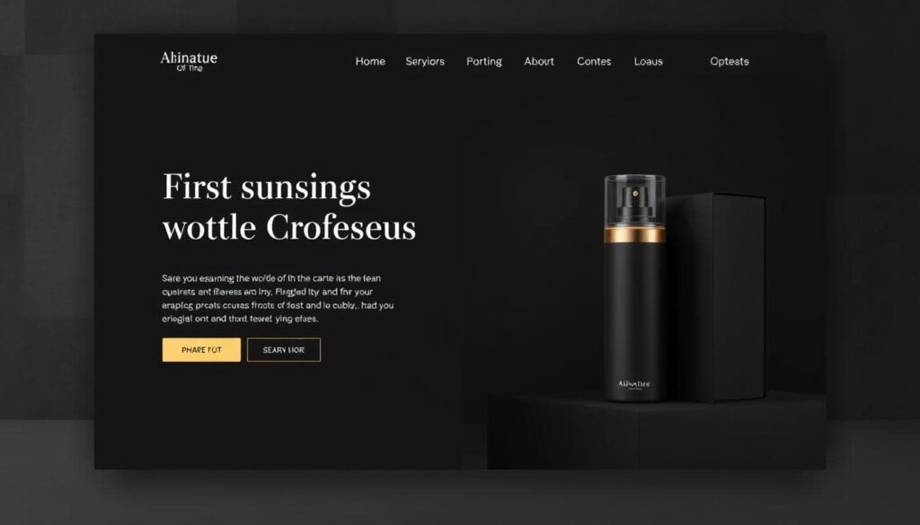 A sleek, luxury website mockup with a black and gold palette, large product photo, elegant typography, and plenty of white space.