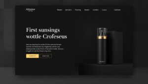 A sleek, luxury website mockup with a black and gold palette, large product photo, elegant typography, and plenty of white space.