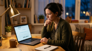 Photorealistic image of a small business owner at a desk looking concerned while viewing a laptop showing a simple website analytics dashboard with a flatline chart and “0 leads” indicator.