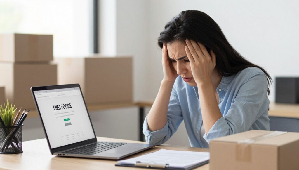 small business owner stressed looking at broken website on laptop