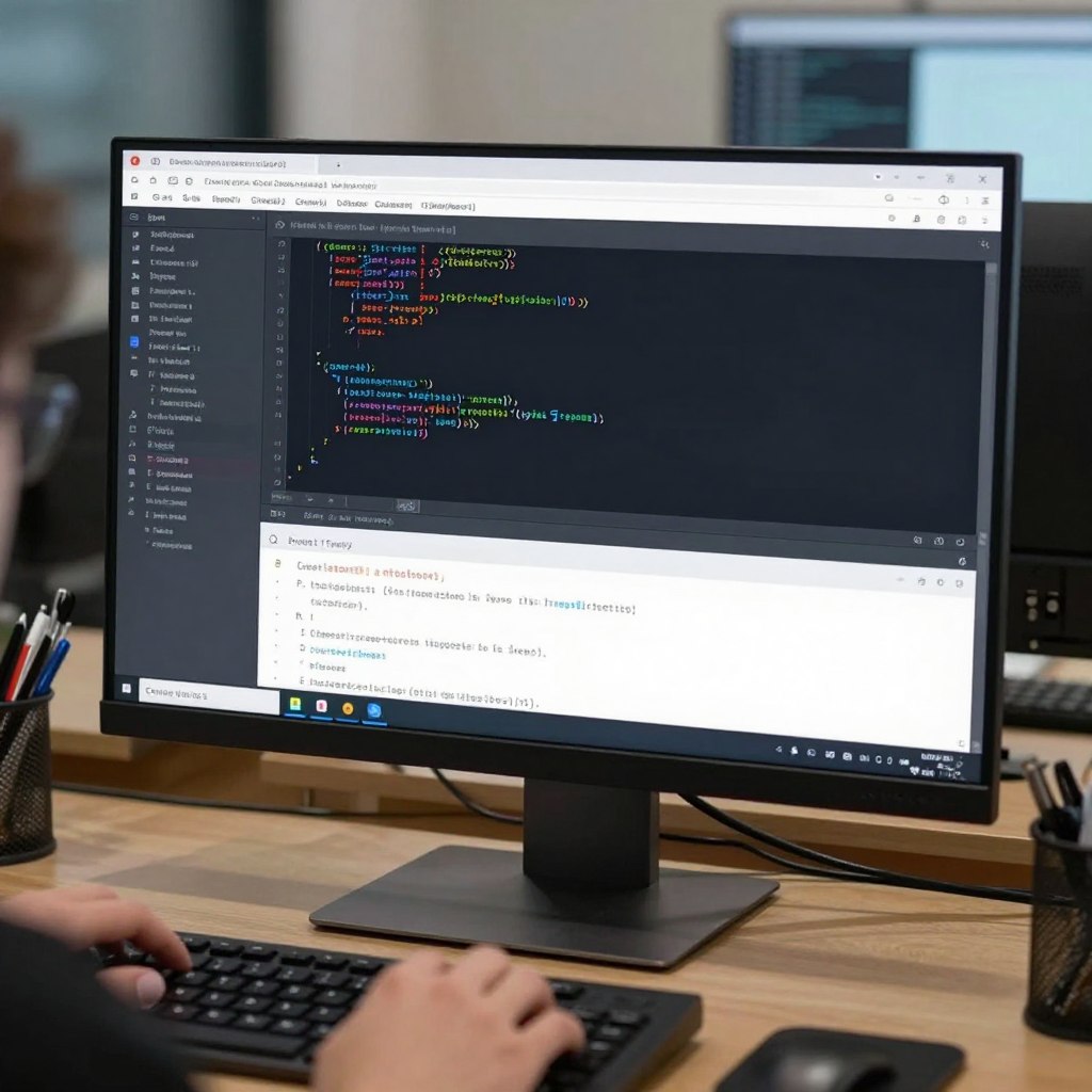 technical fixes debugging code on computer screen