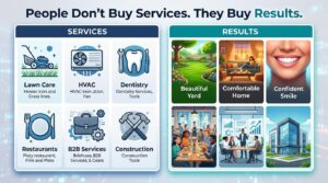 Illustration showing the difference between businesses selling services and customers buying results, with examples from lawn care, HVAC, dentistry, restaurants, B2B, and construction.
