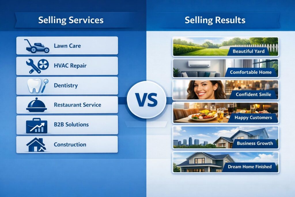Infographic comparing selling services vs. selling results, with examples from lawn care, HVAC, dentistry, restaurants, B2B services, and construction, showing that customers care more about the outcome than the service itself.