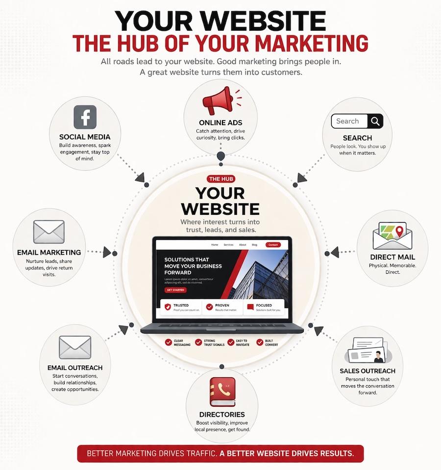 YOUR WEBSITE
THE HUB OF YOUR MARKETING
All roads lead to your website. Good marketing brings people in.
A great website turns them into customers.